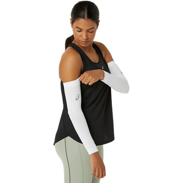 ASICS Brilliant White Compression Arm Sleeves: Muscle Support &amp; Airflow for Performance
