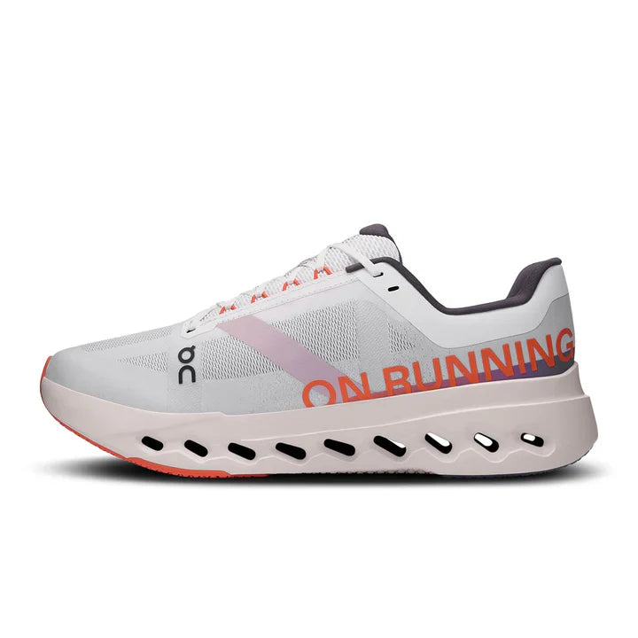 On Cloudsurfer Next Men's Road Running Shoes: White/Flame, Cushioned, Responsive, Lightweight