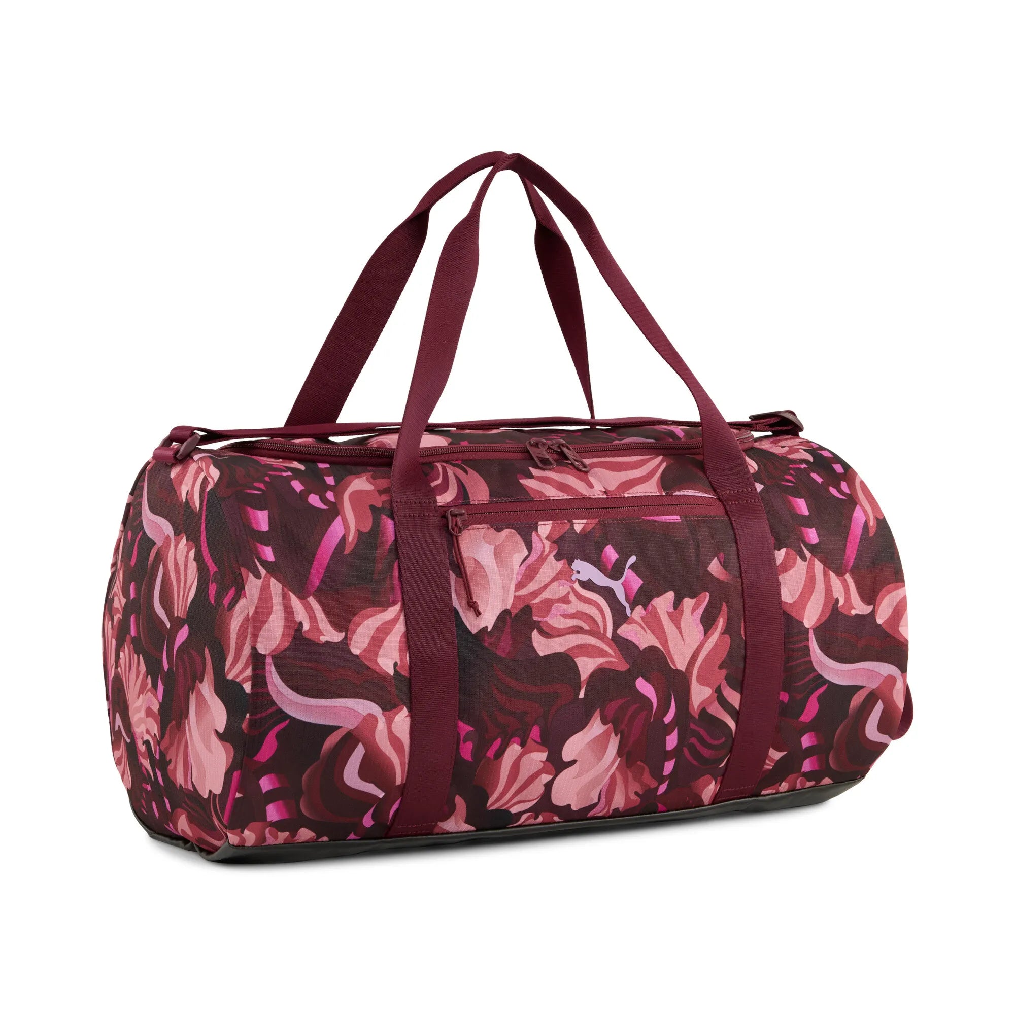 Puma AT ESS Floral Ribbon Barrel Bag Ruby Shimmer - Stylish Gym Travel Duffel